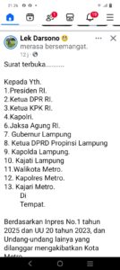 Ketua DPC Gerindra Kota Metro Darsono Desak APH Usut Pengangkatan THL Diduga Syarat Korupsi